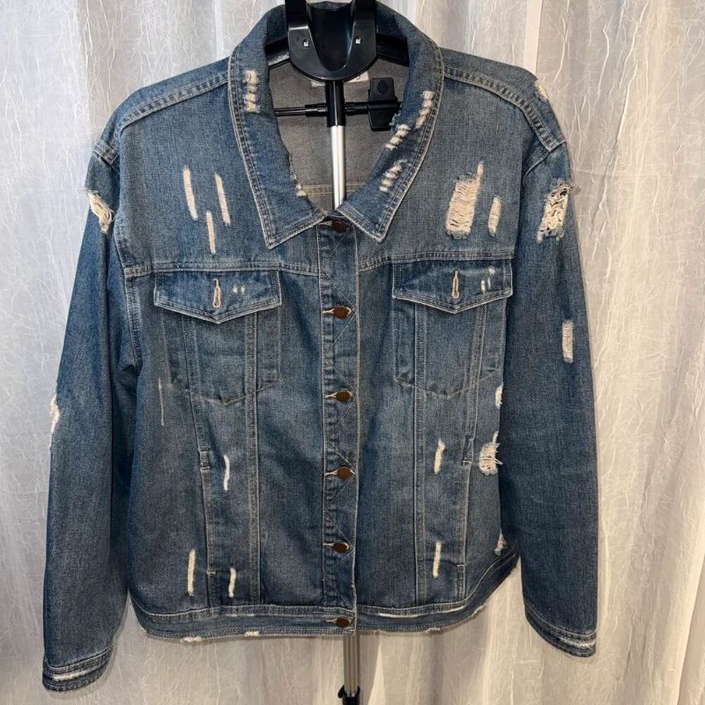 Jack + Avery Distressed Denim Jacket Blue Button Down Jean Jacket Plus Size 2X